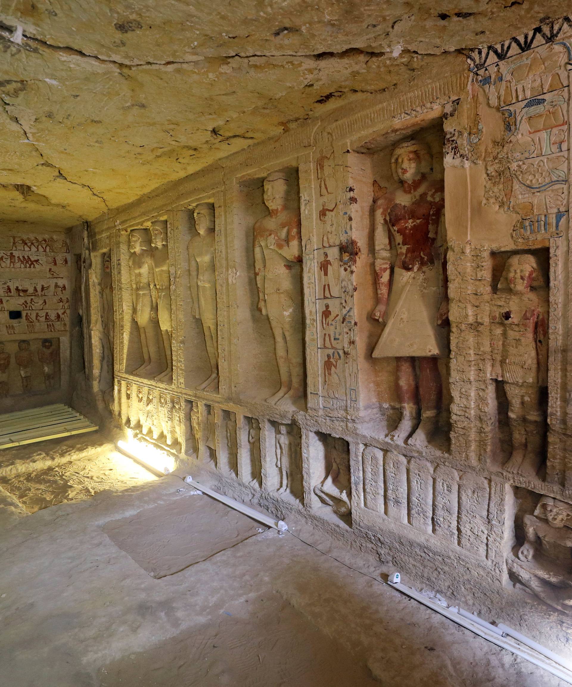 A view of the newly-discovered tomb of 'Wahtye', which dates from the rule of King Neferirkare Kakai, at the Saqqara area near its necropolis, in Giza