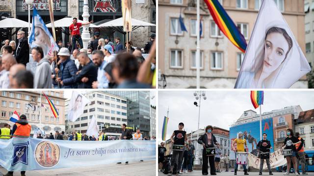 VIDEO Molitelji su u Zagrebu klečali ispod dugine zastave, prosvjednici ponijeli bubnjeve