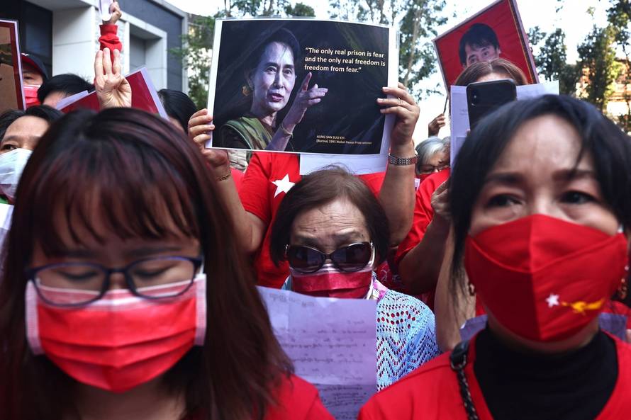 Members of the Burmese community in Taipei protest against the Myanmar military coup in Little Burma, home to many of Taiwan's Burmese immigrants, in Taipei