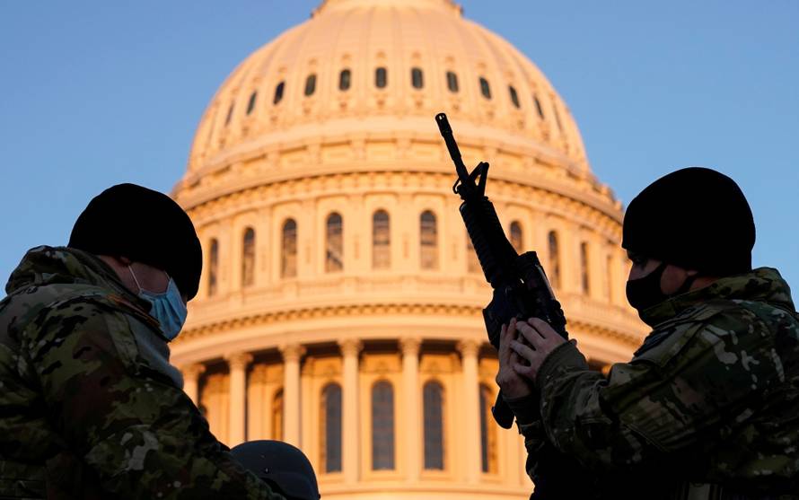 Members of the National Guard gather at the U.S. Capitol in Washington