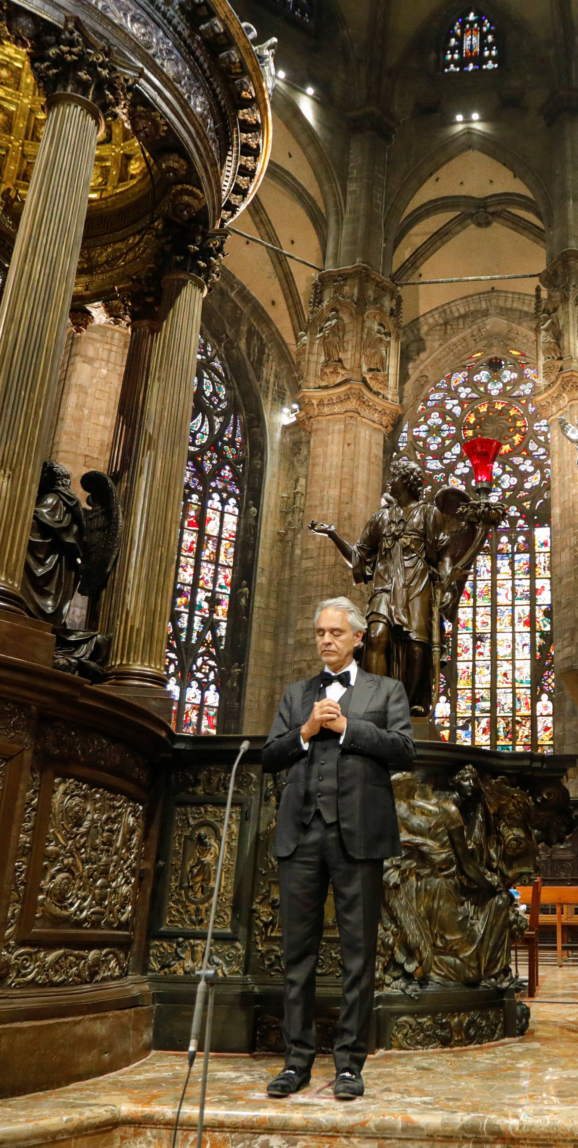 Italian opera singer Andrea Bocelli participates in ''Music for hope'' event at an empty Duomo Cathedral in Milan