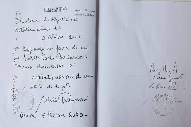 A photocopy of the handwritten will of former Italian Prime Minister Silvio Berlusconi
