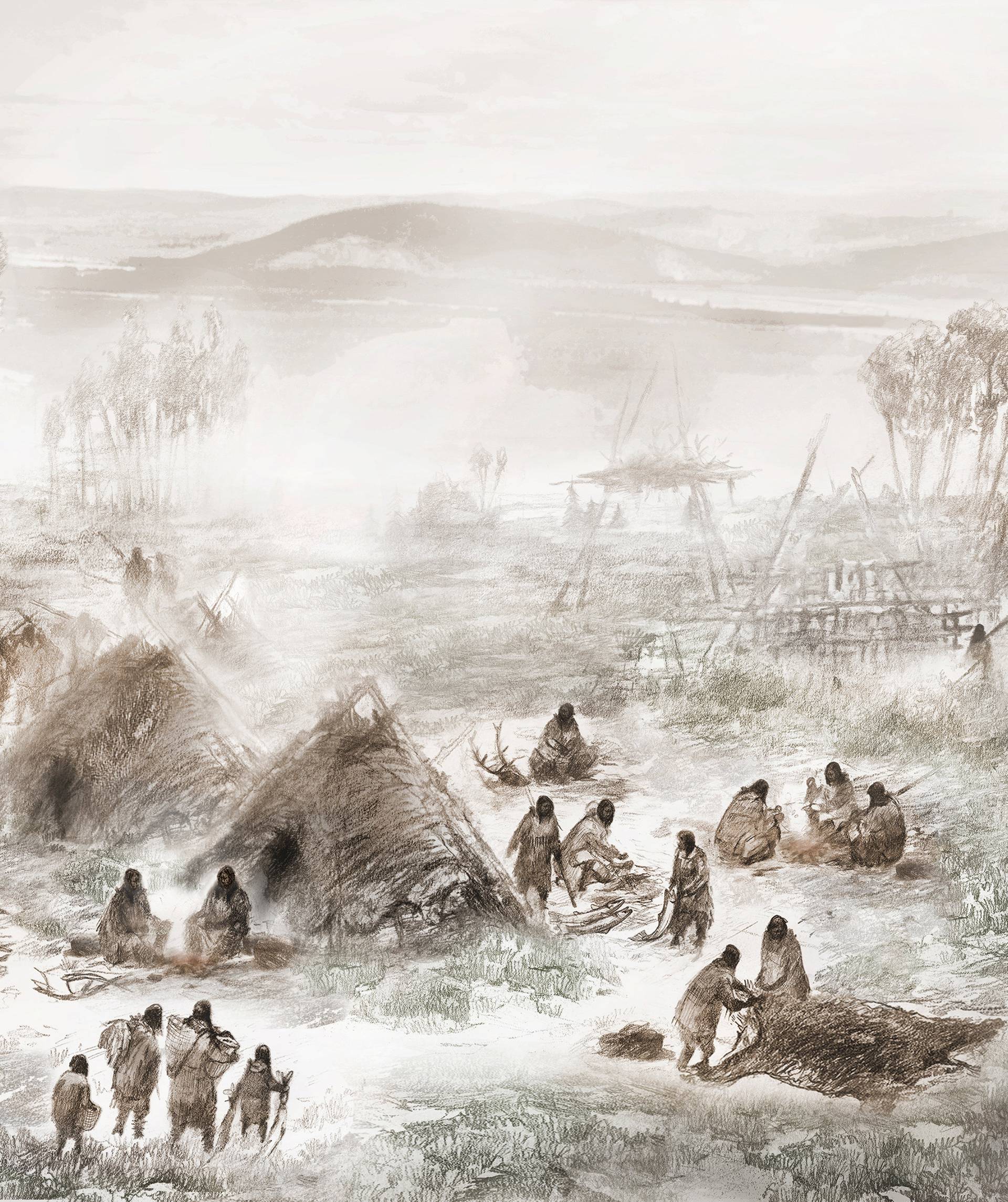 An illustration depicts the Upward Sun River base camp site in central Alaska