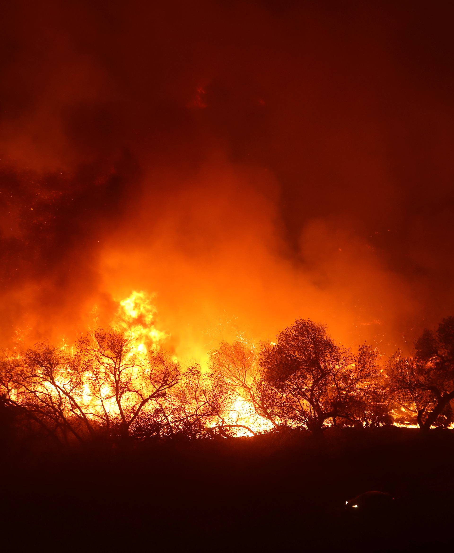 A car drives past a large wall of approaching flames from the Lilac Fire, a fast moving wild fire in Bonsall, California