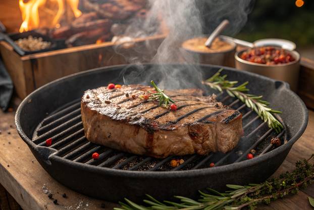 Perfectly,Grilled,Steak,With,Char,Marks,And,Smoke,On,Hot