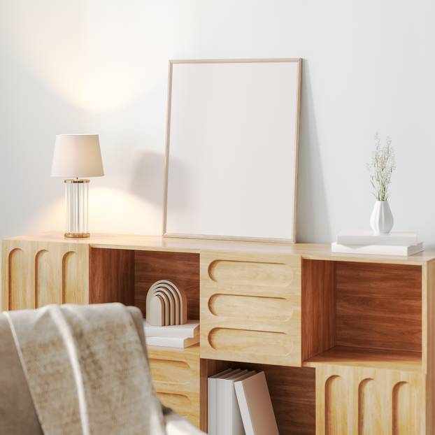 Wooden frame on cupboard in cozy interior, poster frame mock-up, 3d rendering