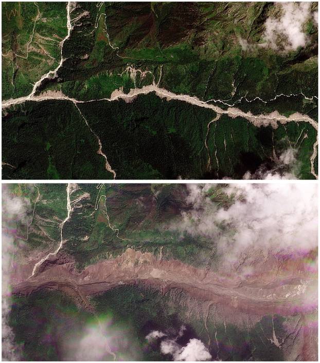 Satellite images show torrent of rock and ice high in Nepalese mountain valley after Nepal-China disaster