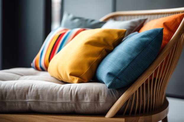?ouch with colored pillows. Close-up of pillow on chaise table in interior of living room. 