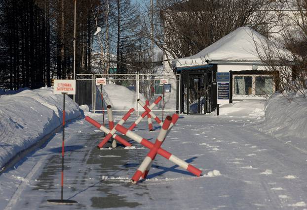 A view shows the entrance to the penal colony where Alexei Navalny served his sentence in Kharp