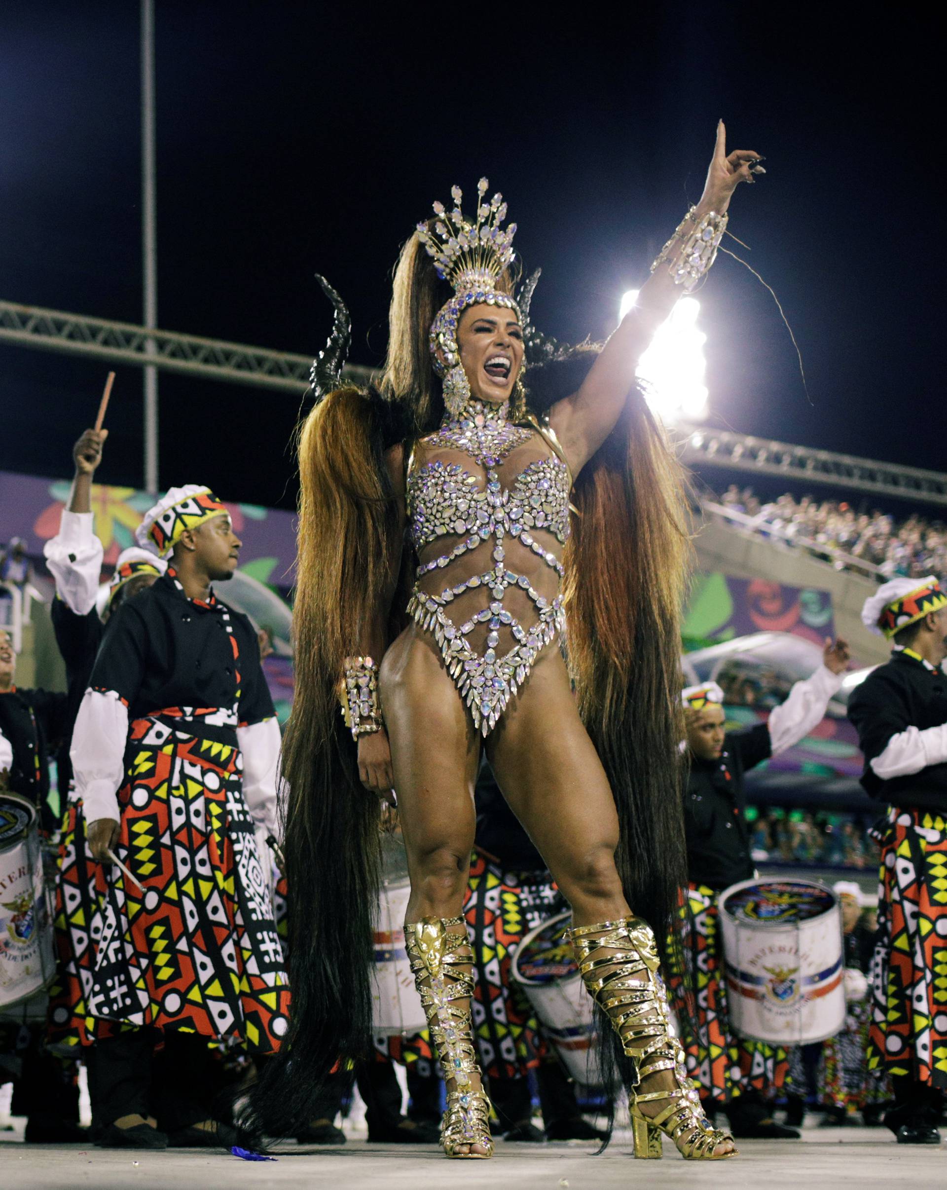 Drum queen Gracyanne Barbosa from Uniao da Ilha Samba school performs during the second night of the Carnival parade at the Sambadrome in Rio de Janeiro