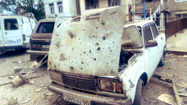 A view shows a damaged residential building in Nagorno-Karabakh