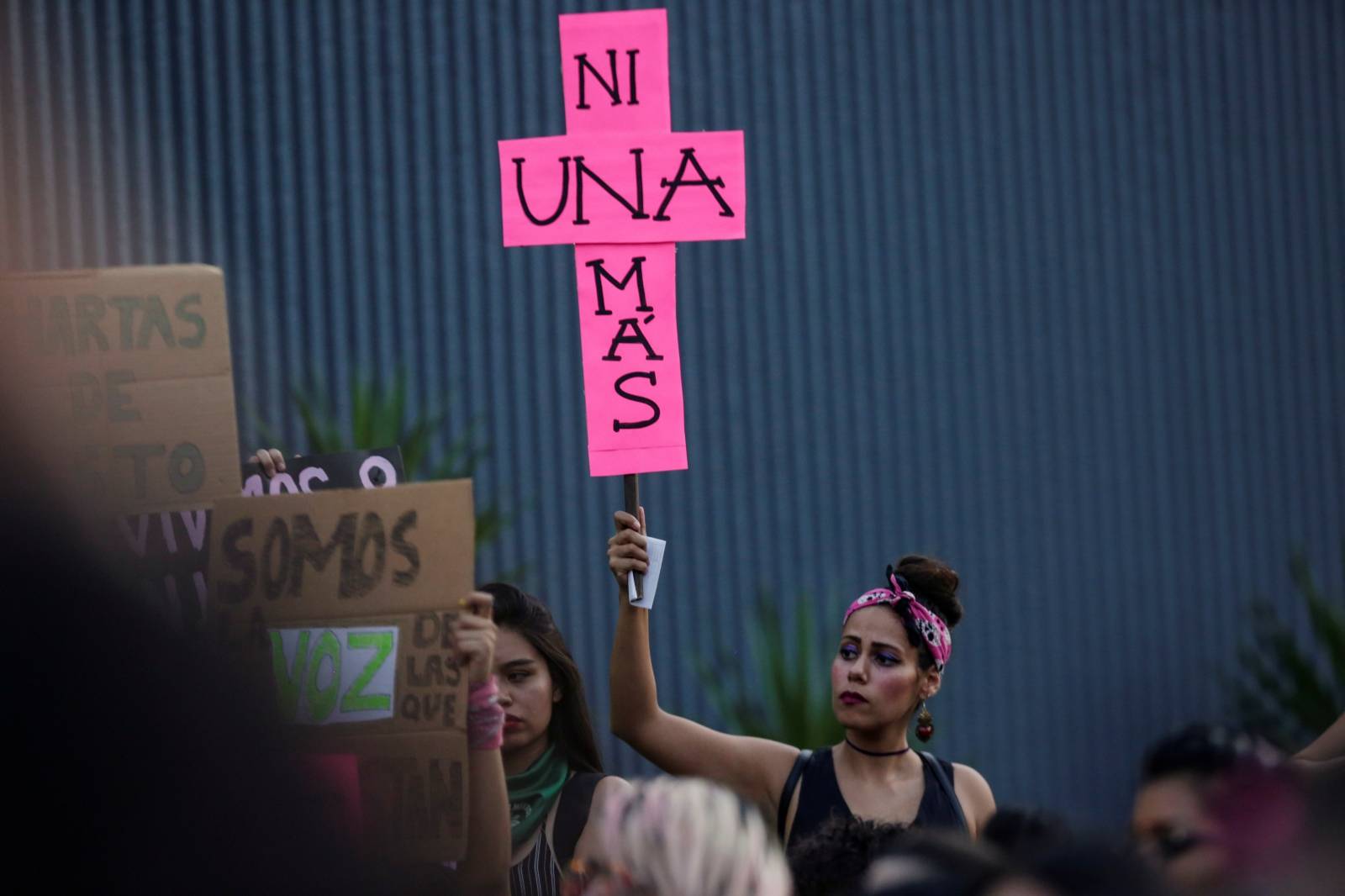 Women demonstrate at the They Don't Protect Me, They Rape Me protest to demand justice for two teenage girls that local media reported were apparently raped by policemen, outside the Nuevo Leon's Attorney General's office in Monterrey