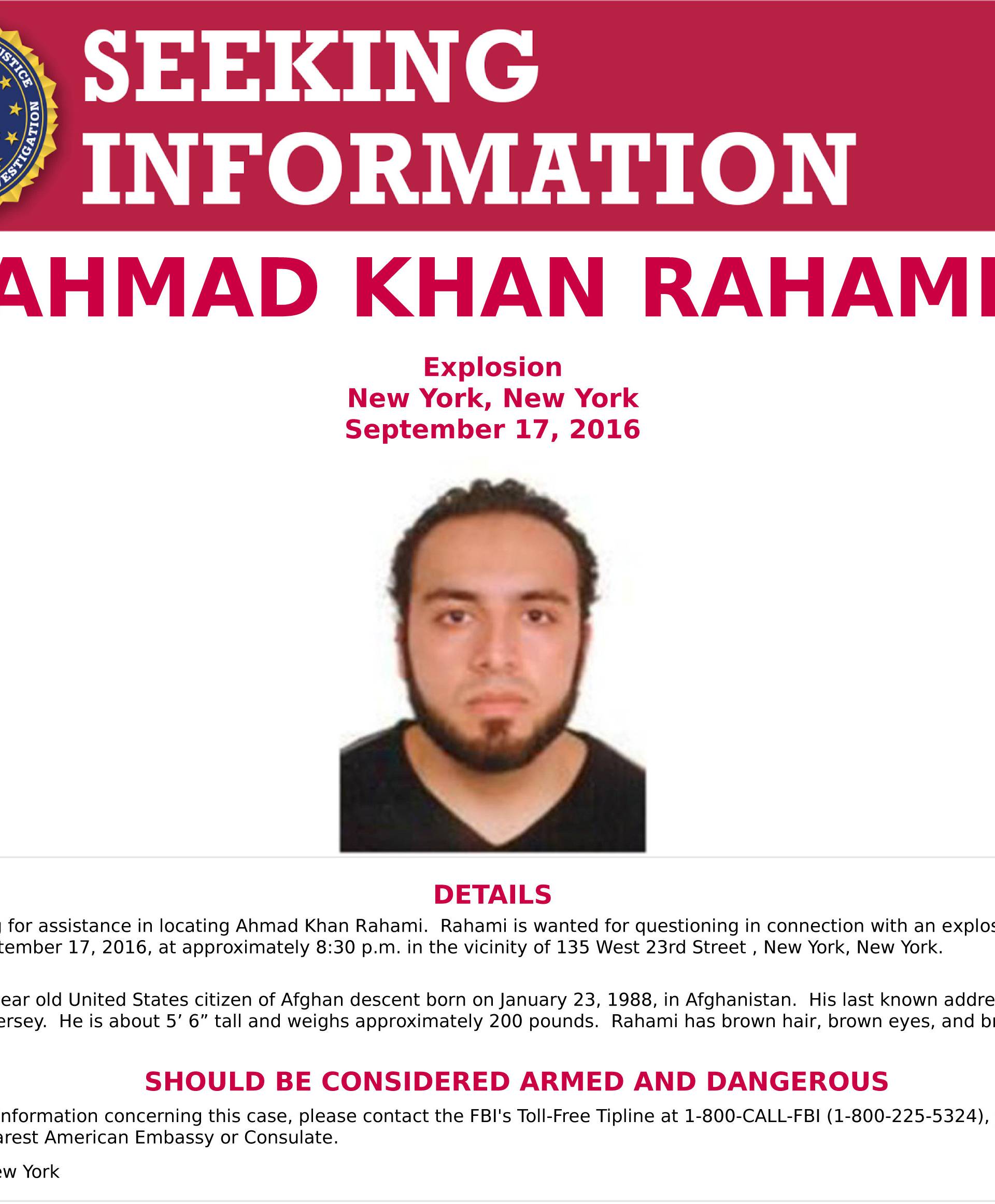 An image of Ahmad Khan Rahami, who is wanted for questioning in connection with an explosion in New York City, is seen in a a poster released by the Federal Bureau of Investigation (FBI)