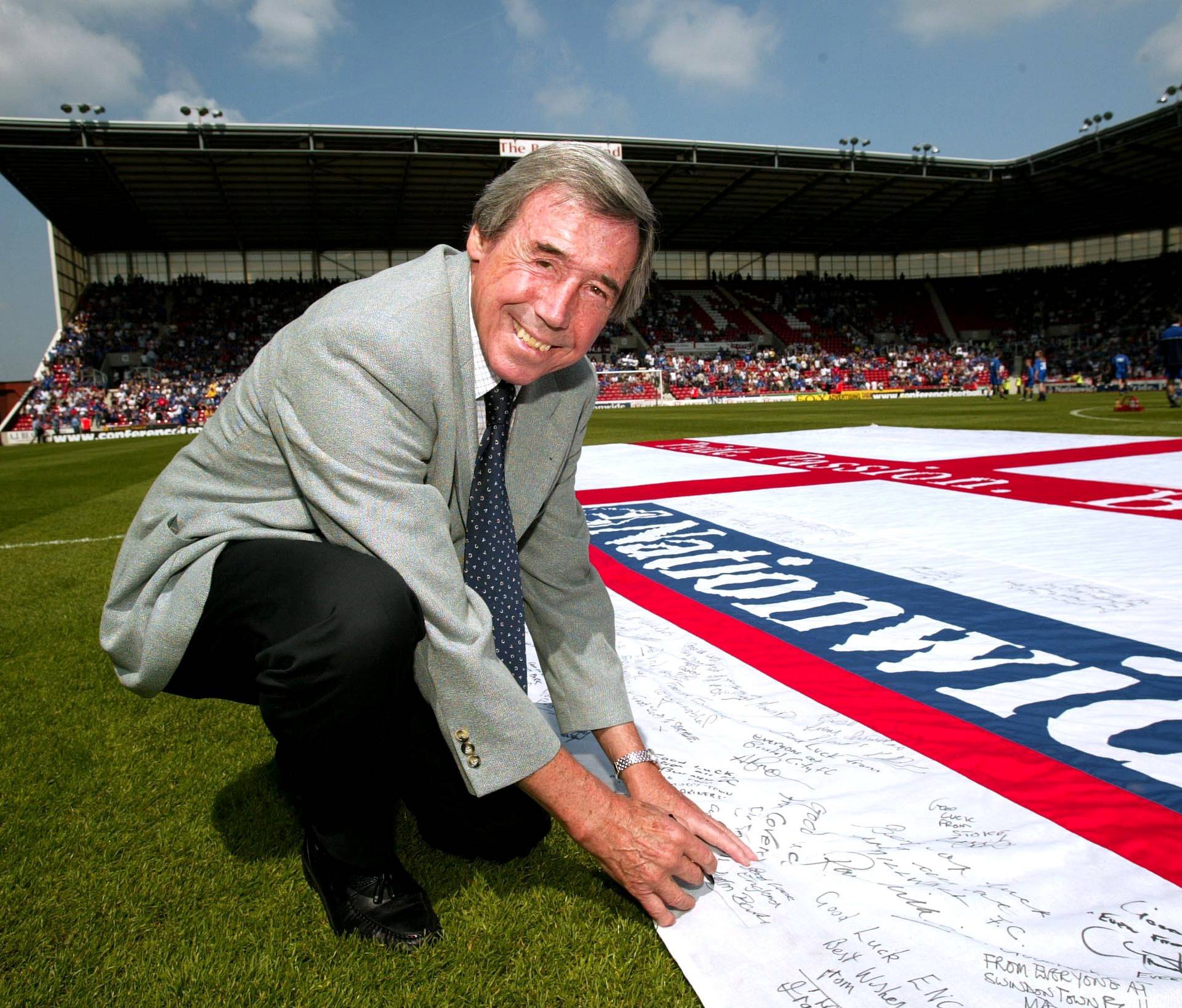 FILE PHOTO: Giant Nationwide flag which is being signed by Gordon Banks for England during Euro 2004
