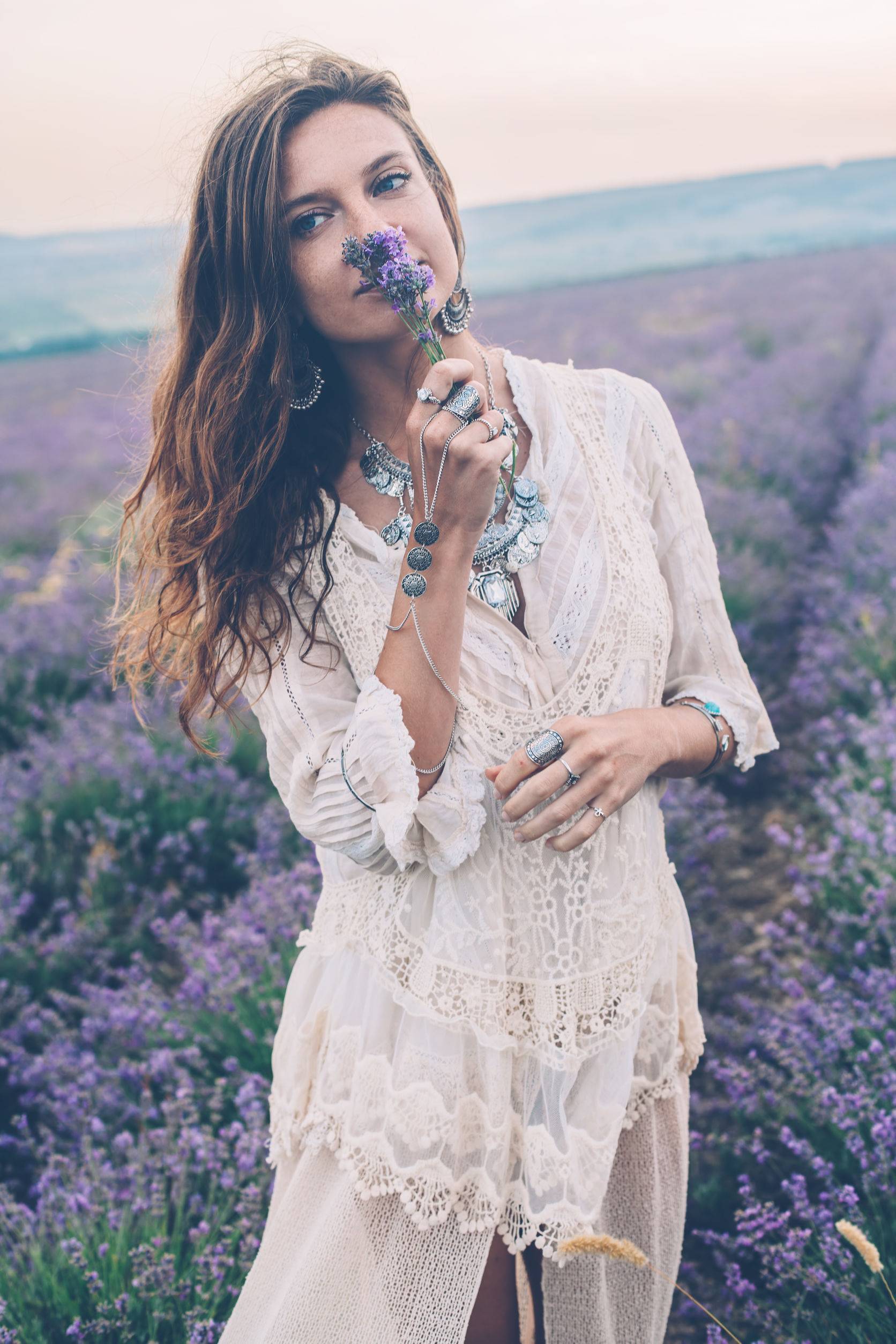 Boho styled model in lavender field