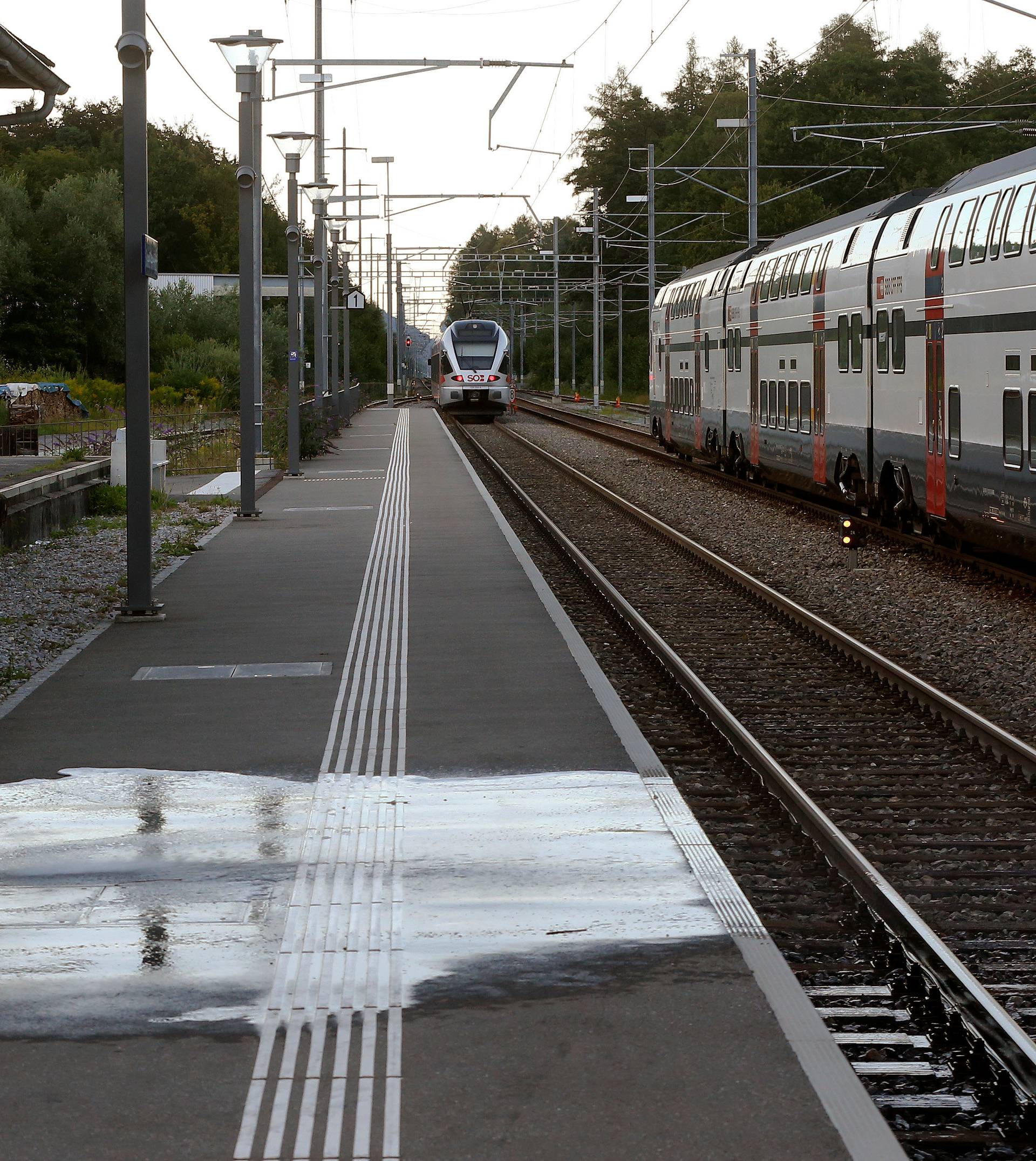 Workers clean a platform after a 27-year-old Swiss man's attack on a Swiss train at the railway station in Salez