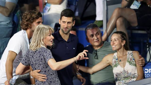 Serbia's Novak Djokovic with his wife Jelena, his father Srdjan, his mother Dijana and his brother Marko in the stands during Adria Tour at Novak Tennis Centre in Belgrade