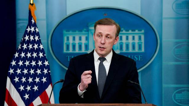 FILE PHOTO: White House National Security Advisor Jake Sullivan speaks during a press briefing at the White House in Washington