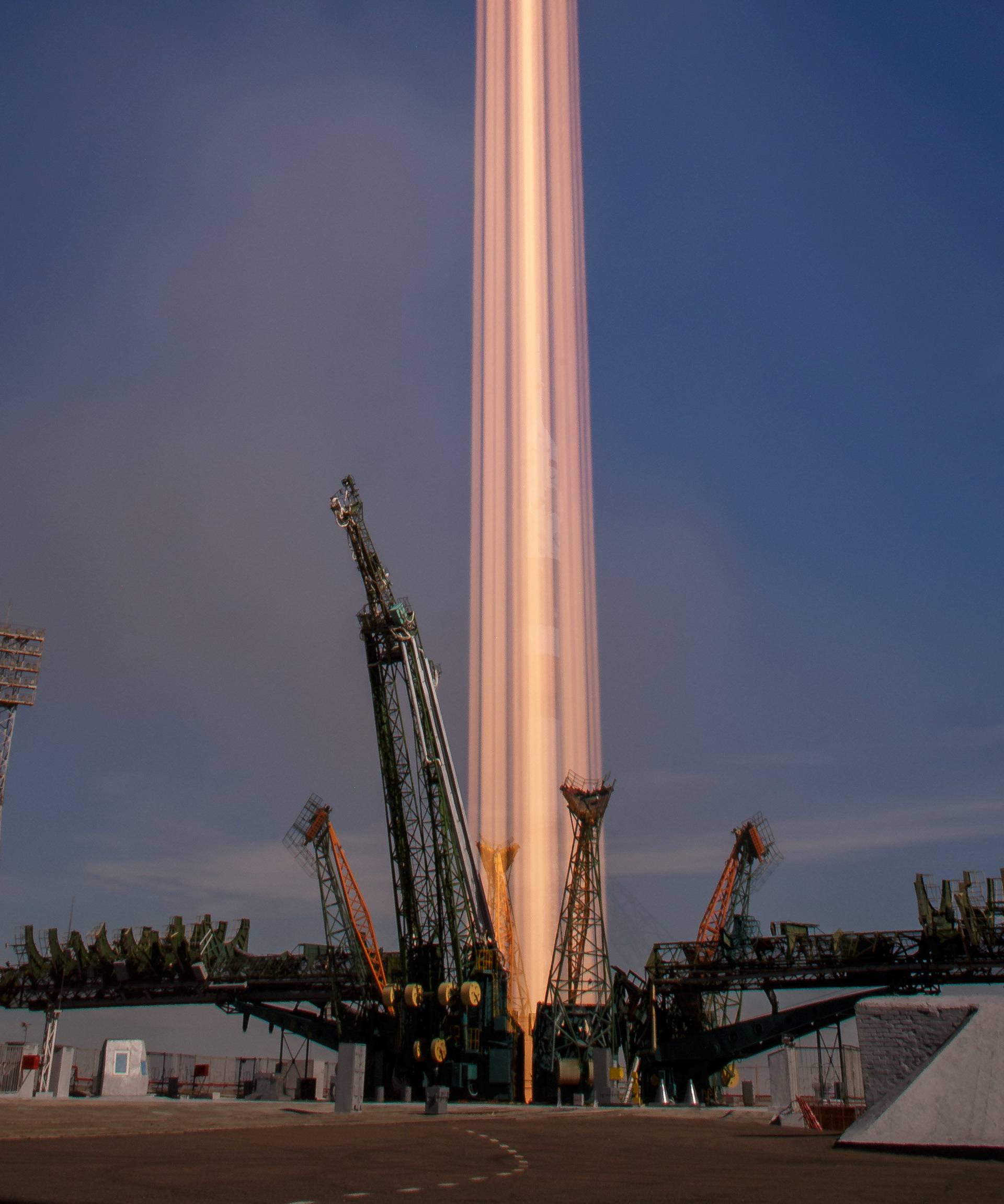 The Soyuz MS-10 spacecraft is seen in this long exposure photograph as it is launched with Expedition 57 Flight Engineer Nick Hague of NASA and Flight Engineer Alexey Ovchinin of Roscosmos, at the Baikonur Cosmodrome