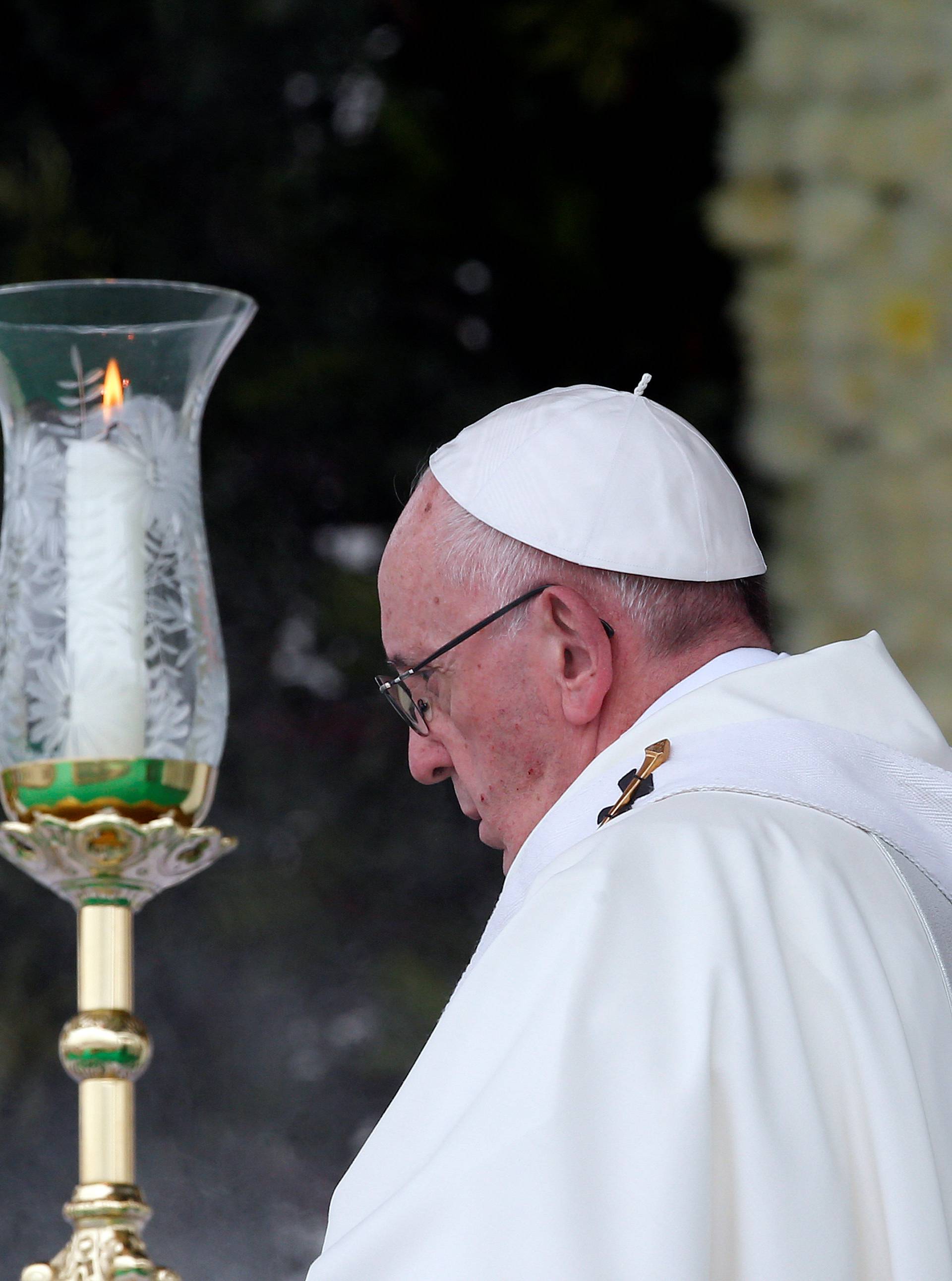 Pope Francis arrives to leads a holy mass at Enrique Olaya Herrera airport in Medellin