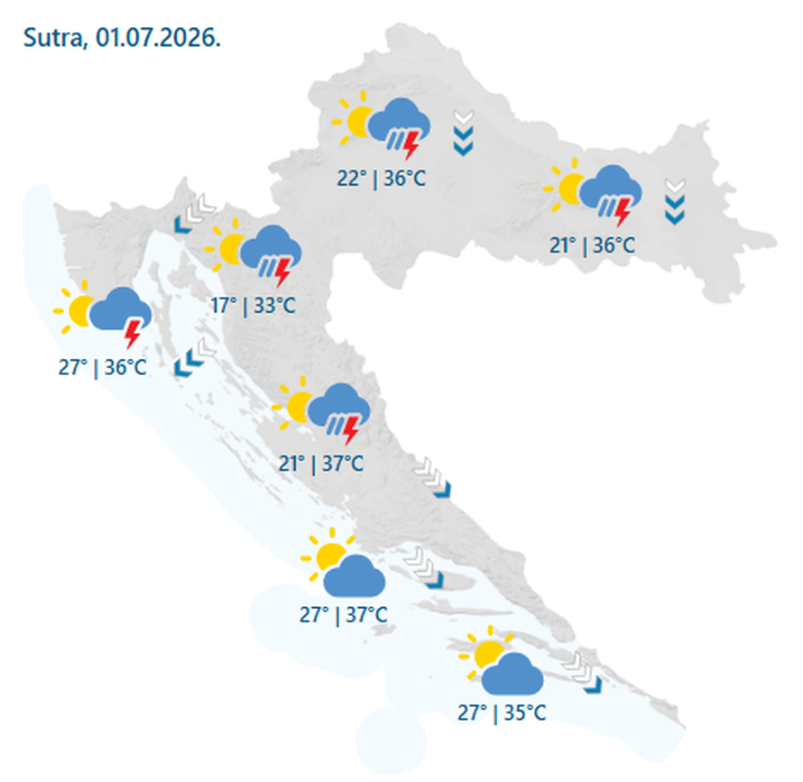 Danas se 'pržimo' na gotovo 40 °C, a onda stiže velika promjena vremena uz jako nevrijeme!