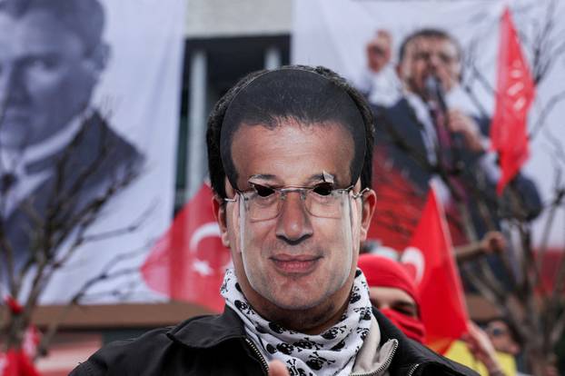 People take part in a protest on the day Istanbul Mayor Ekrem Imamoglu was jailed as part of a corruption investigation, in Istanbul