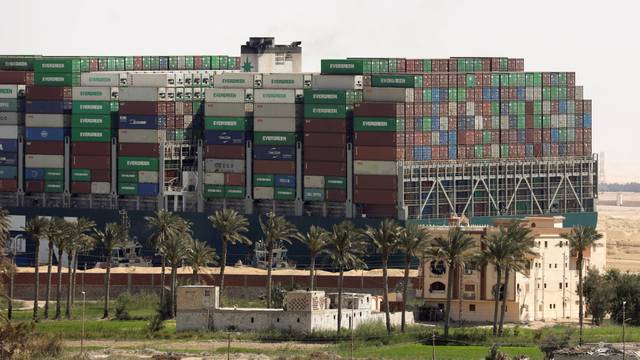 A view shows the ship Ever Given, one of the world's largest container ships, after it was partially refloated, in Suez Canal