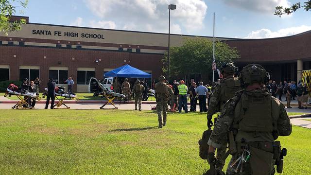 Law enforcement officers are responding to Santa Fe High School in this Harris County Sheriff office photo