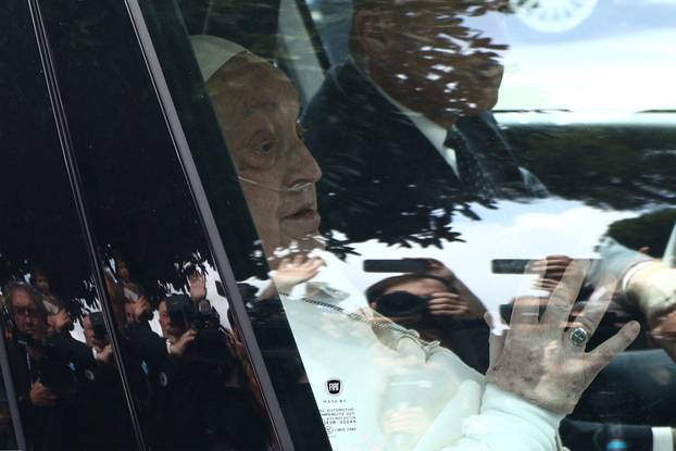 Pope Francis' first public appearance in five weeks on the day of his discharge from Gemelli Hospital, in Rome