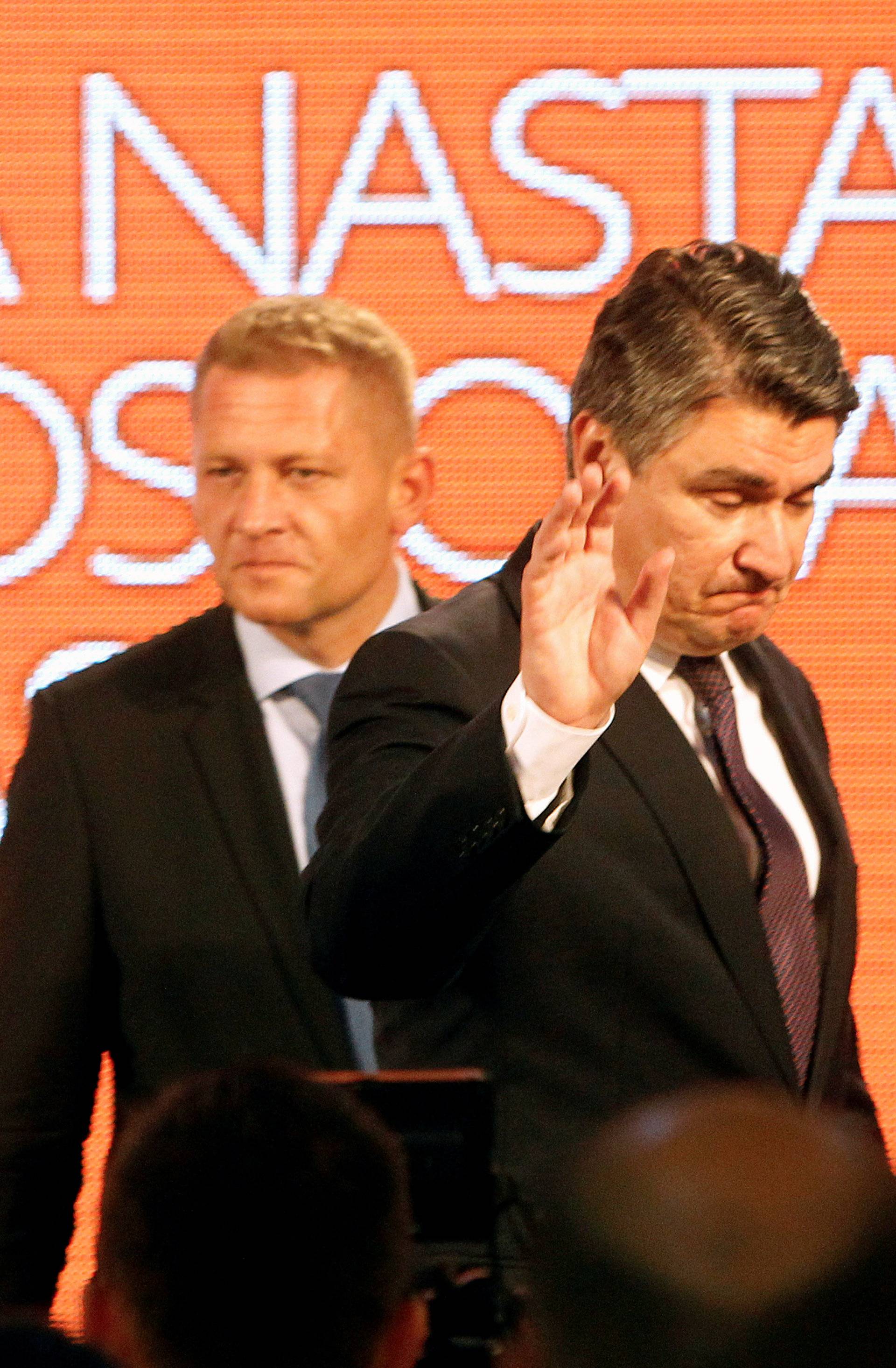 Zoran Milanovic, president of Social Democratic Party (SDP), reacts at a press conference after a parliamentary election in Zagreb