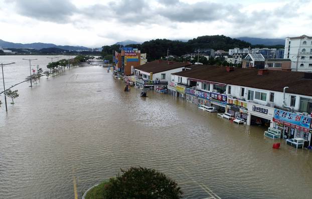 A street and seafood restaurants submerged by typhoon Haishen are pictured in Gangneungng