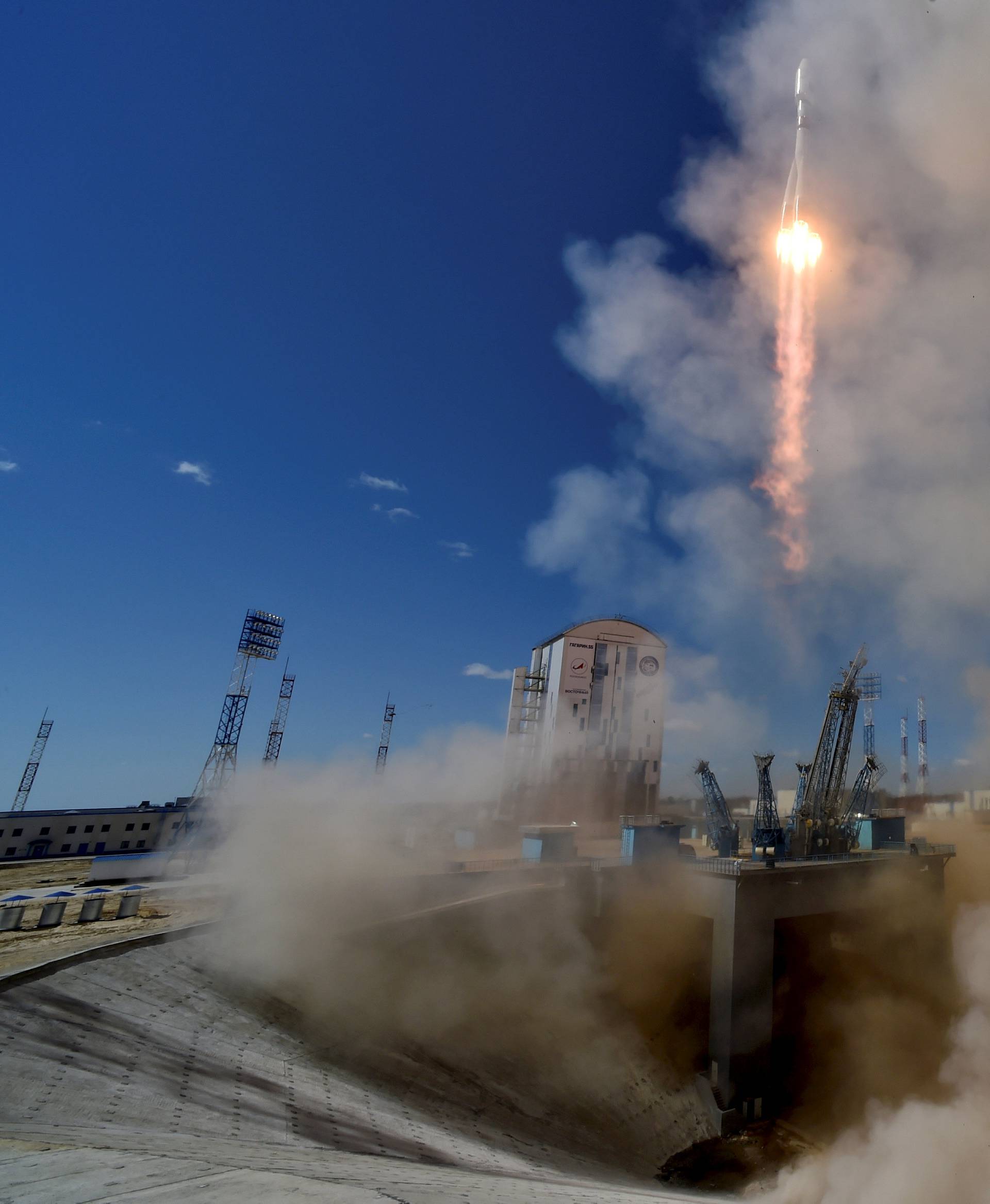 A Russian Soyuz 2.1A rocket carrying Lomonosov, Aist-2D and SamSat-218 satellites lifts off from the launch pad at the new Vostochny cosmodrome outside the city of Uglegorsk, about 200 kms from the city of Blagoveshchensk