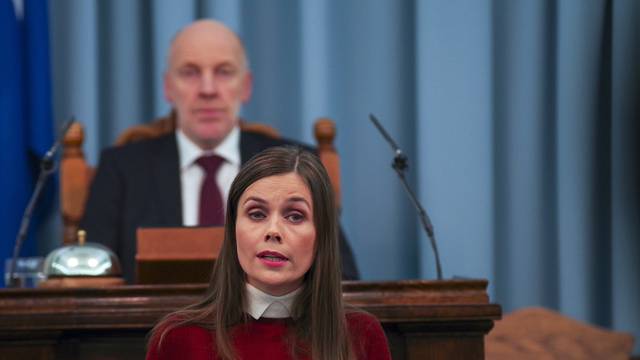 Iceland's Prime Minister Jakobsdottir delivers a speech at the first session of a newly elected Parliament in Reykjavik