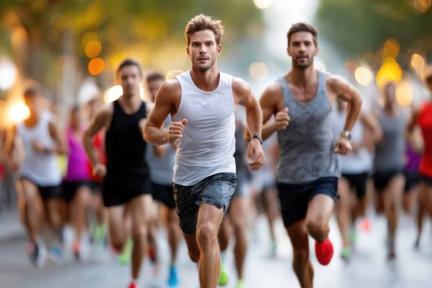 Runners participate in a vibrant urban marathon event during the evening hours
