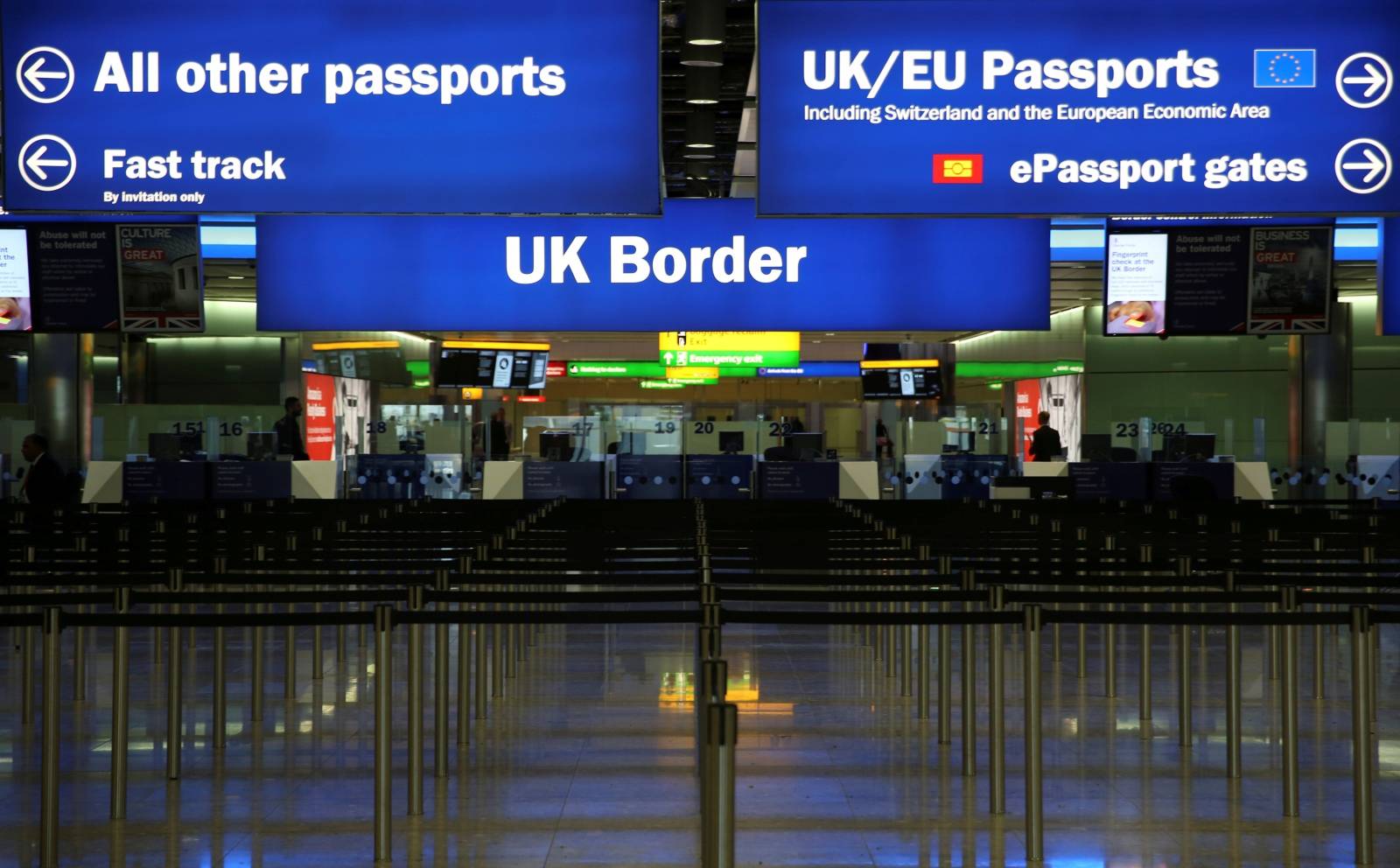 FILE PHOTO: UK Border control is seen in Terminal 2 at Heathrow Airport in London