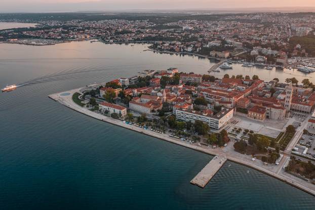 Aerial drone shot of Zadar old town during sunrise hour in Croatia Dalmatia area