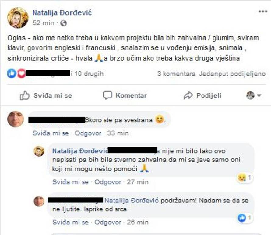 Natalija na 'fejsu' traži posao: 'Nije mi bilo lako ovo napisati'
