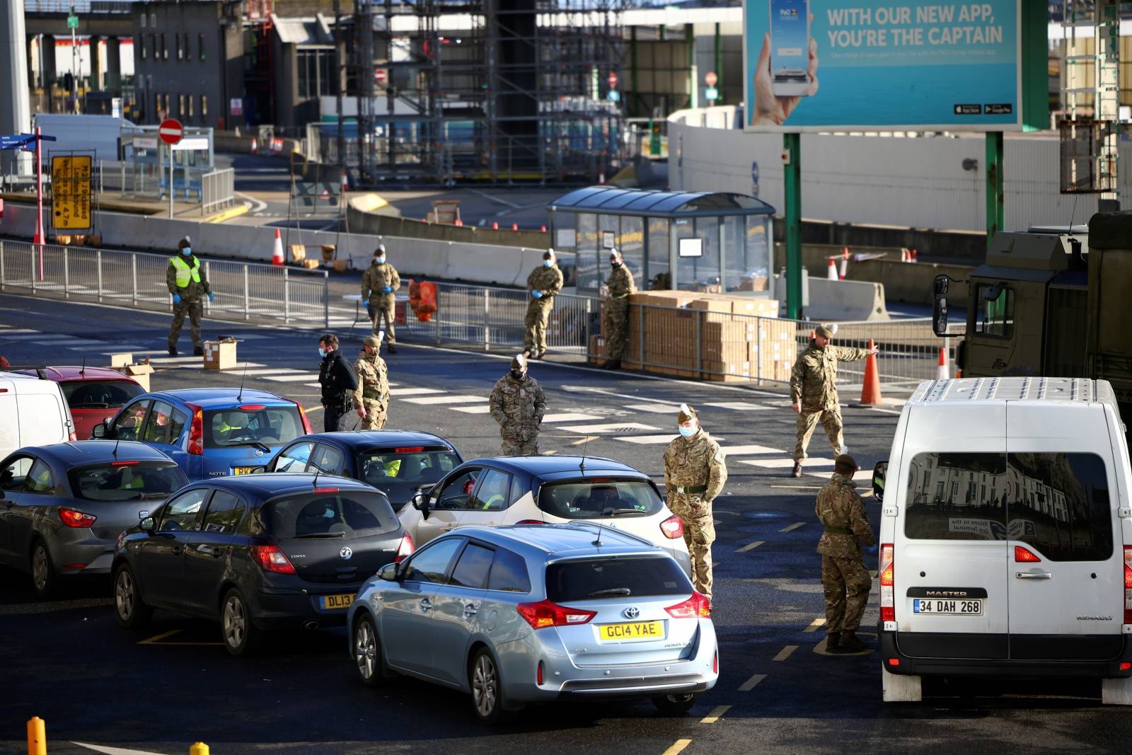 British soldiers check vehicles at the entrance of the Port of Dover