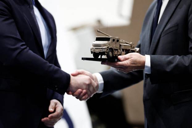 French Defence Minister Vautrin and Croatia's Defence Minister Anusic visit the French-German military defence system supplier KNDS in Versailles