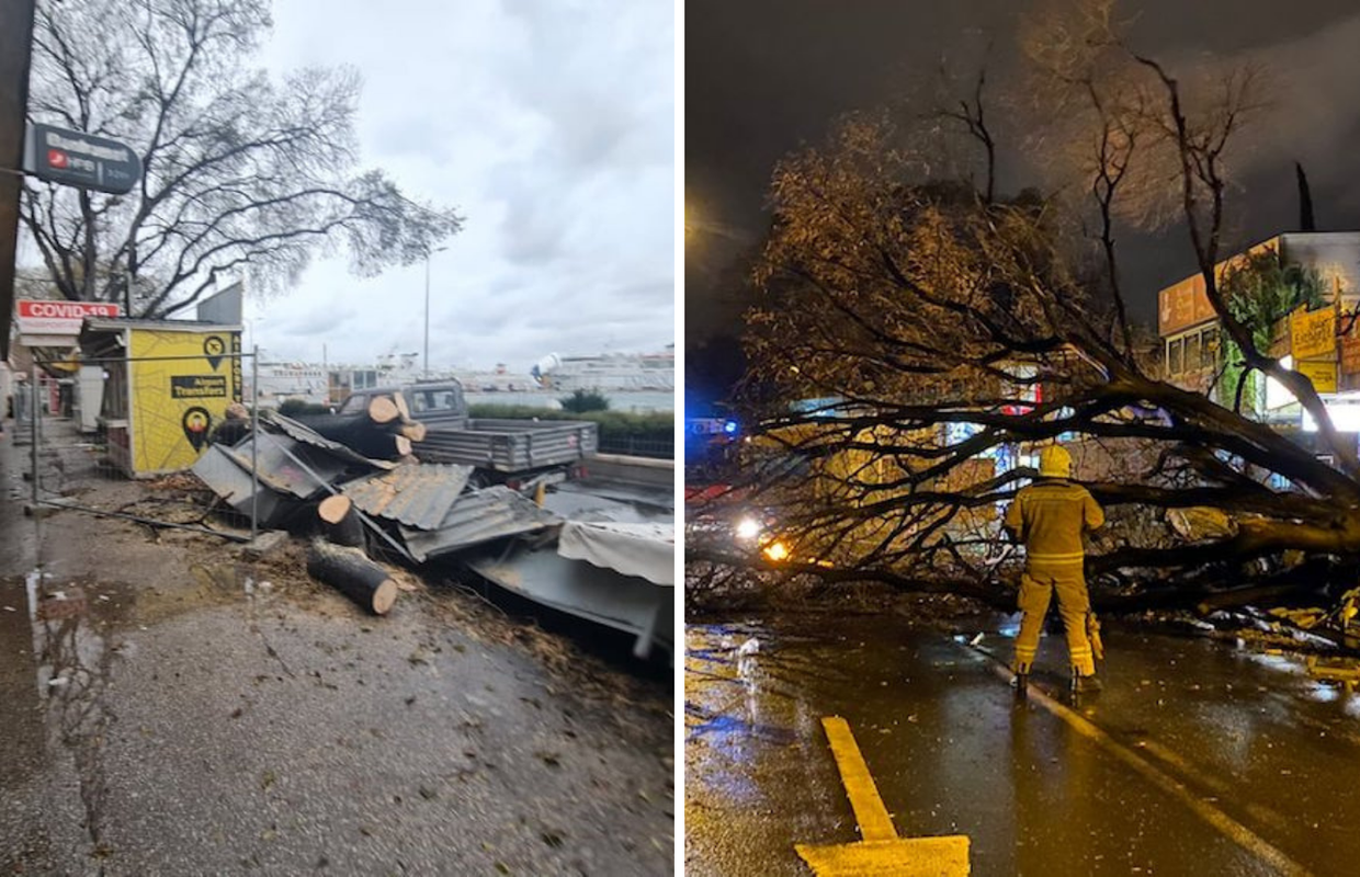 FOTO Olujno jugo u Splitu ruši sve pred sobom: Stablo palo na motore i štandove, srušen i stup