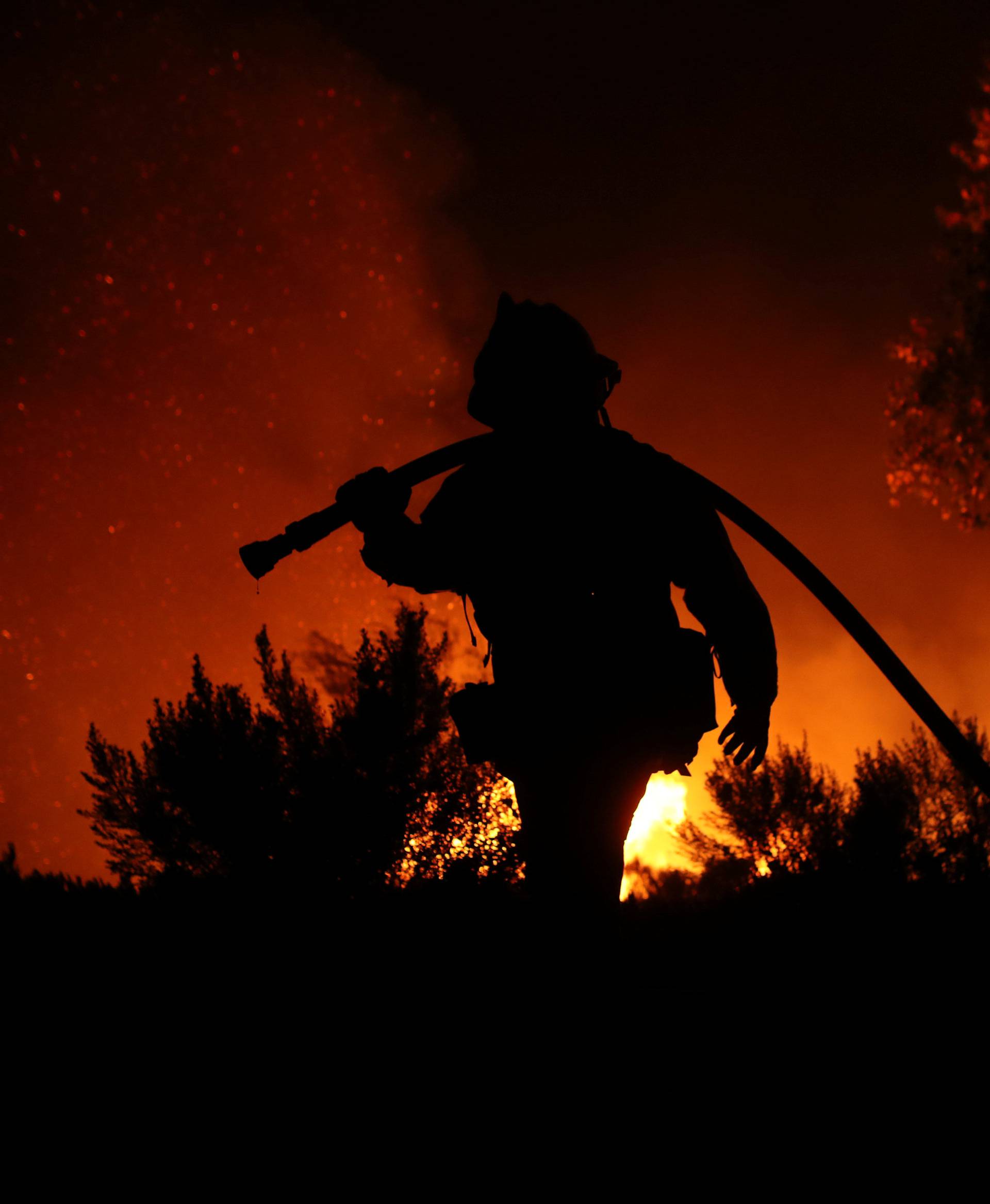 A firefighter works at the top of a hill as the Lilac Fire, a fast moving wild fire, burns through Bonsall, California