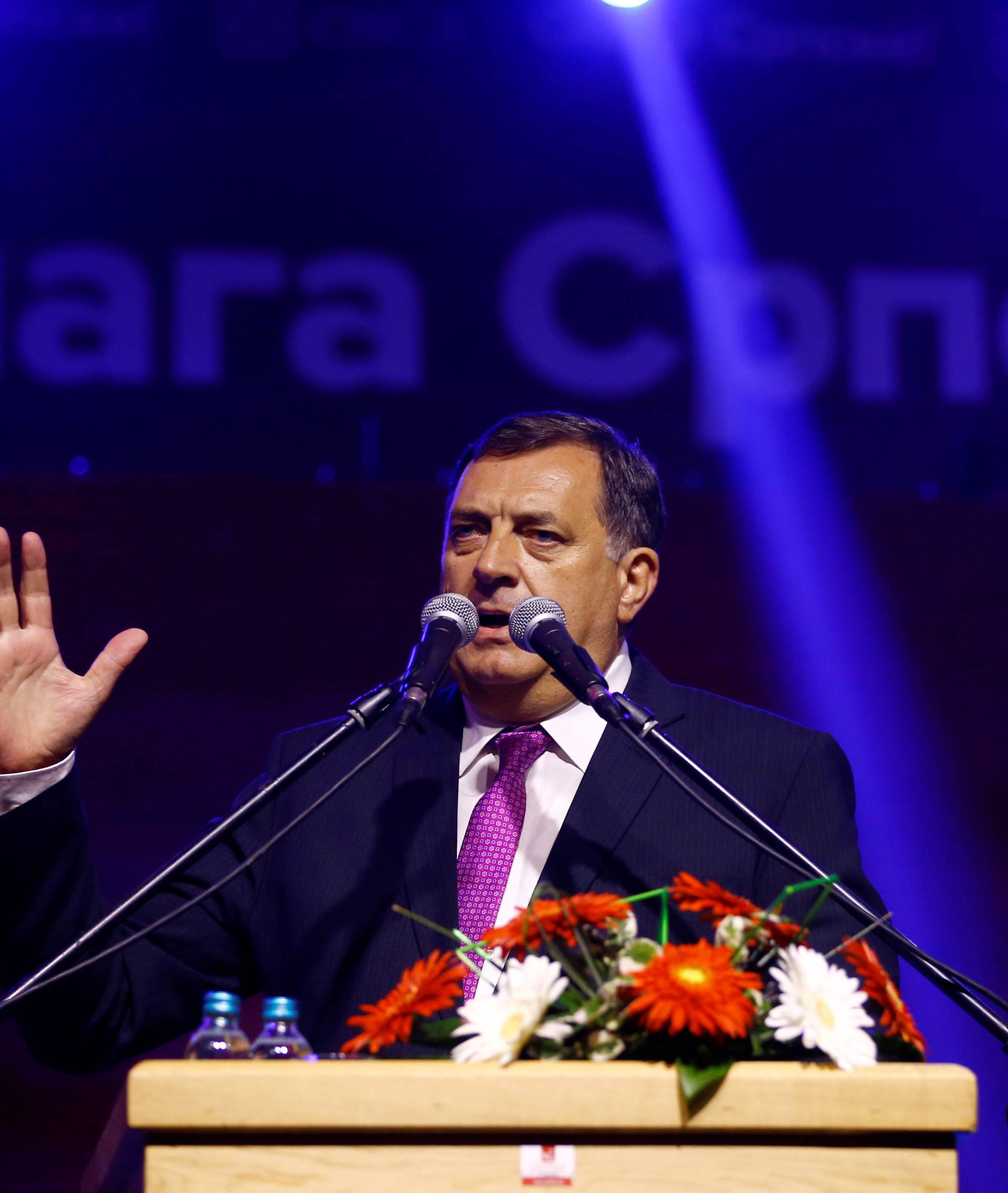 Milorad Dodik, President of Republika Srpska, speaks after the results of a referendum over a disputed national holiday during an election rally in Pale