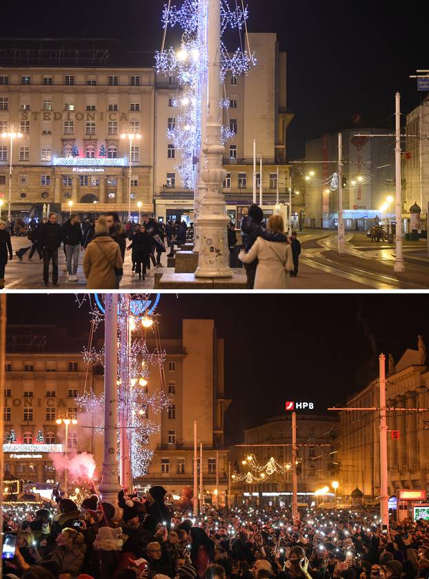 Kombo fotografije dočeka Nove 2020. i 2021. godine na glavnom Trgu
