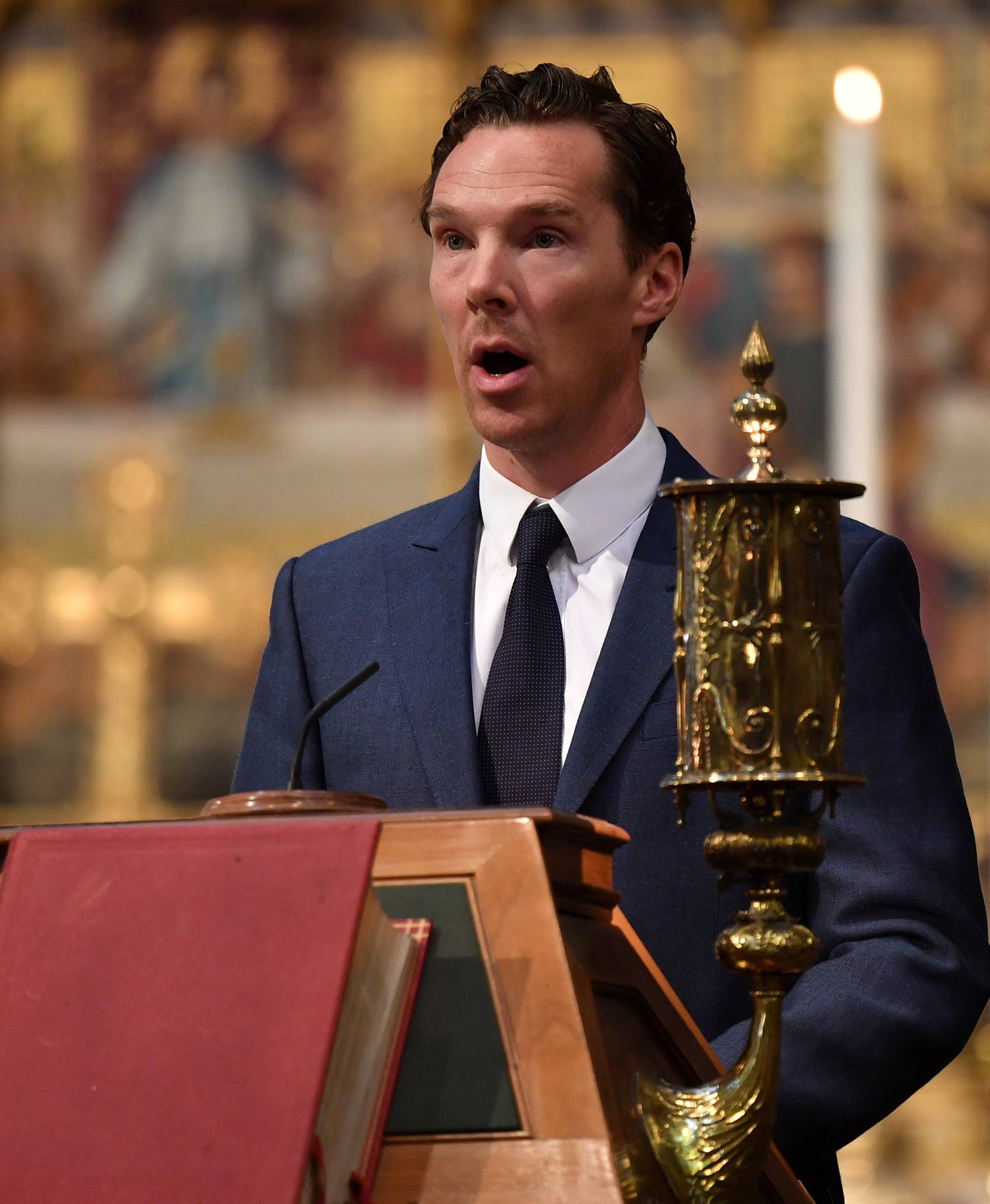 British actor, Benedict Cumberbatch speaks at a memorial service for British scientist Stephen Hawking during which his ashes will be buried in the nave of the Abbey church, at Westminster Abbey, in London