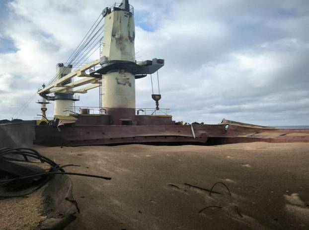 View shows a civilian cargo vessel damaged by a Russian missile strike in the Black Sea