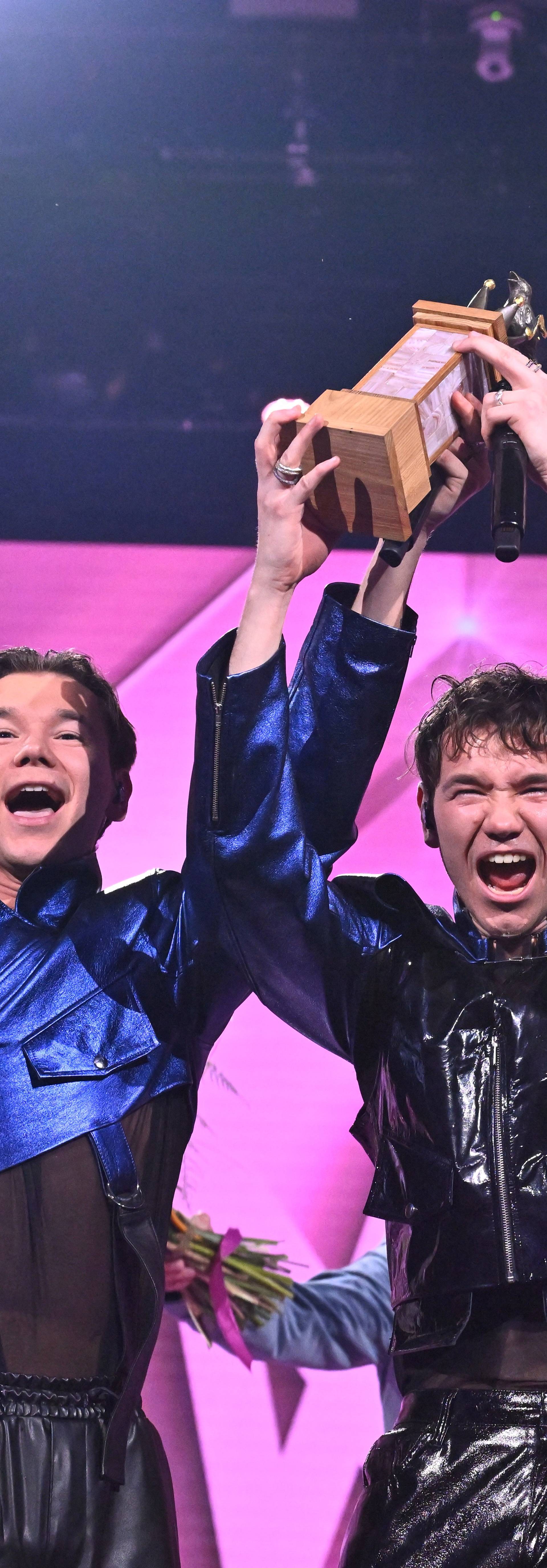 Marcus and Martinus celebrate winning the final of 'Melodifestivalen' at Friends Arena in Solna, Stockholm