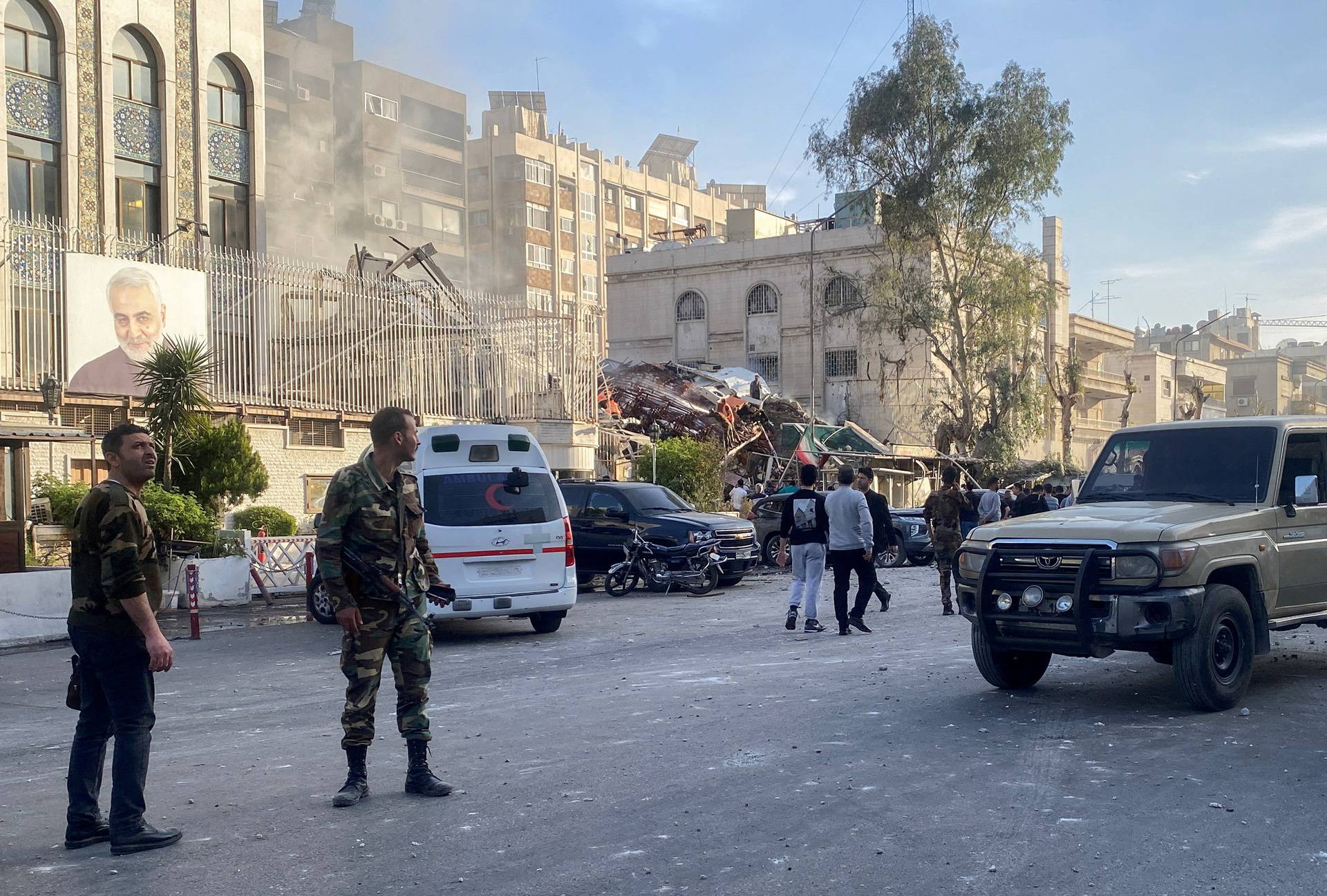 Smoke rises after what the Iranian media said was an Israeli strike on a building close to the Iranian embassy in Damascus