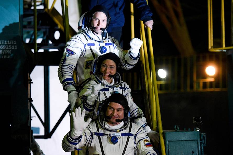 The International Space Station (ISS) crew members board the Soyuz MS-12 spacecraft for the launch at the Baikonur Cosmodrome, Kazakhstan