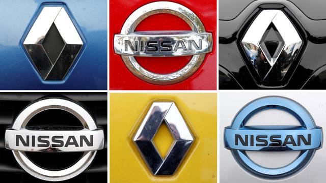 FILE PHOTO: A combination picture shows logos of Japan's Nissan and France's Renault on cars in Strasbourg