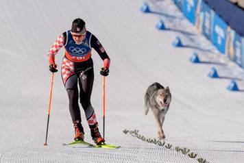 Val di Fiemme, Italy 20260218. A dog runs next to Tena Hadzic from Croatia during the cross-country team sprint on Lago di Tesero during the Winter Olympics in Milano Cortina 2026. Photo: Terje Pedersen / NTB   This text is auto translated